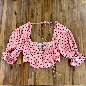 For Love and Lemons crop puff sleeve top (S) in rose pink and black polka dots.